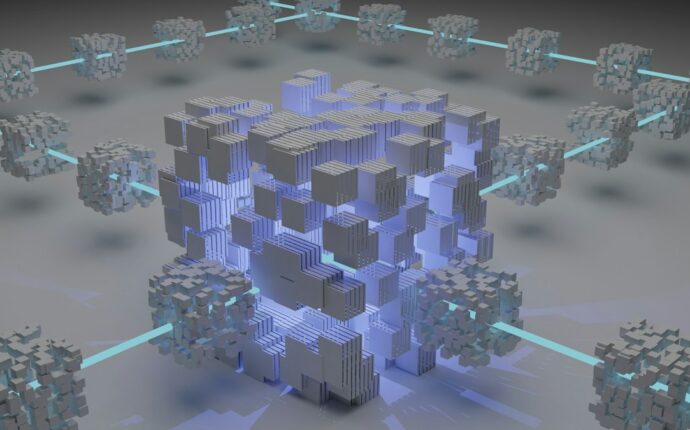 Blocs géométriques décentralisés interconnectés dans un espace numérique symbolisant la technologie blockchain
